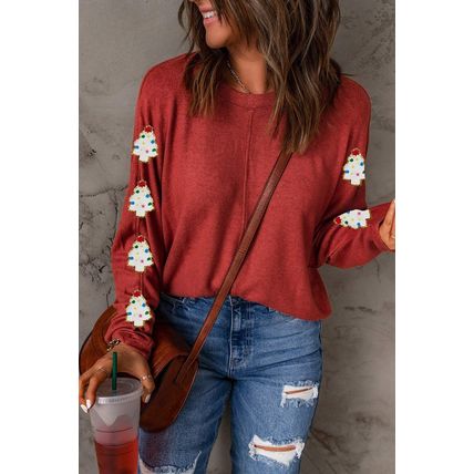 Red Christmas Tree Patch Long Sleeve Casual Top
