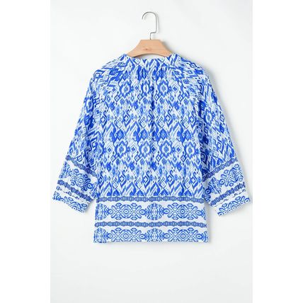 Blue Boho Printed 3/4 Sleeve Tied Neck Blouse