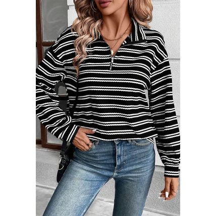 Black Stripe Textured Quarter Zip Collar Long Sleeve Top