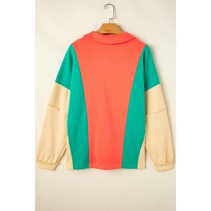 Grapefruit Orange Color Block Patchwork Collared V Neck Loose Top