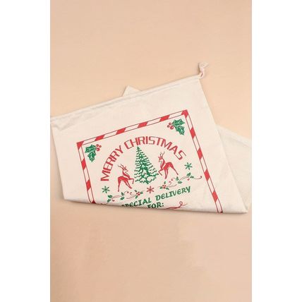 White Merry Christmas Elk Print Drawstring Gift Sack