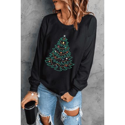 Black Rhinestone Christmas Tree Graphic Pullover Sweatshirt