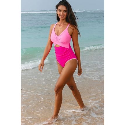Rose Red Ric Rac Trim Contrasted Patchwork Cutout One Piece Swimsuit