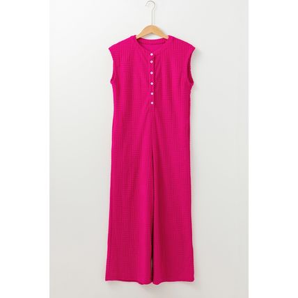 Bright Pink Terry Textured Sleeveless Button Front Wide Leg Jumpsuit
