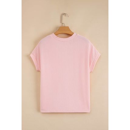 Pink Corded Knit Color Block Pocketed Crew Neck T Shirt