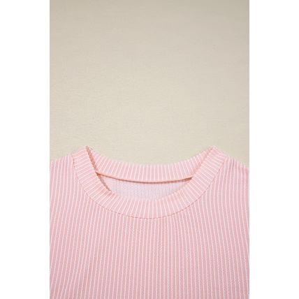 Pink Corded Knit Color Block Pocketed Crew Neck T Shirt