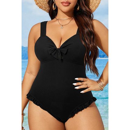 Black Plus Size Textured Knotted Ruffled Trim One Piece Swimwear