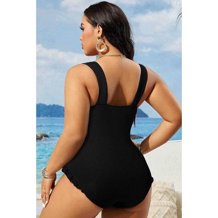 Black Plus Size Textured Knotted Ruffled Trim One Piece Swimwear
