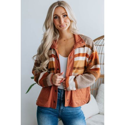 Brown Quilted Patch Pockets Aztec Furry Jacket