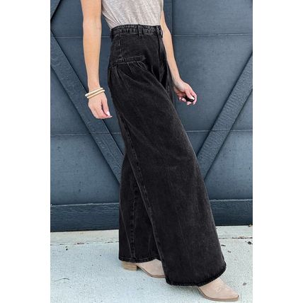 Dark Grey Pleated Wide Leg Mineral Wash Denim Pants