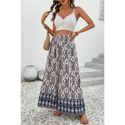 Blue Boho Pattern Print High Waist Wide Leg Loose Pants