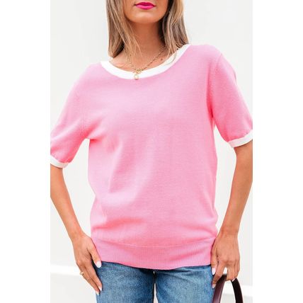 Bonbon Colorblock Bow V-Shape Cut Back Short Sleeve Sweater