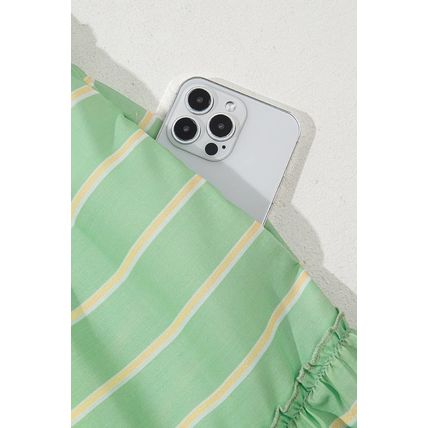 Green Stripe V Neck Short Sleeve Frilled Detail A-line Dress