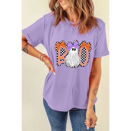 Wisteria Boo Checkered Bow Ghost Halloween Graphic Tee