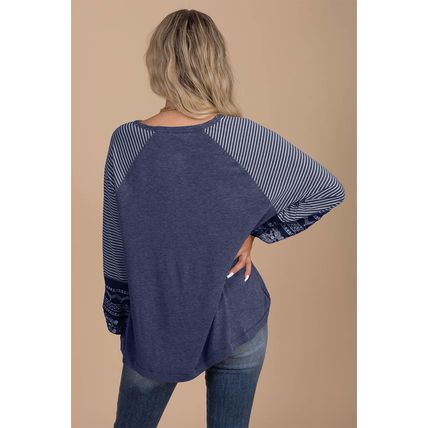 Navy Blue Contrast Print Striped Raglan Long Sleeve Loose Top