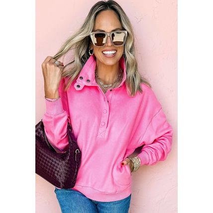 Bright Pink Half Button Stand Neck Drop Shoulder Sweatshirt