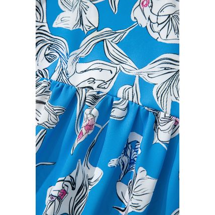Sky Blue V Neck Floral Print 3/4 Puff Sleeve Blouse