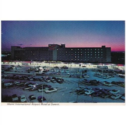 Miami International Airport Hotel, Florida - at night , car park - postcard c70s