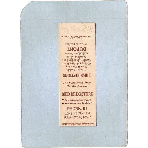 IA Burlington Matchcover Bied Drugstore 1200 S Central Ave Phone 91 Salesm~23
