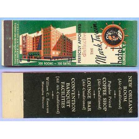 New York Elmira Matchcover Advertising The Mark Twain Hotel Elmira NY Half~131