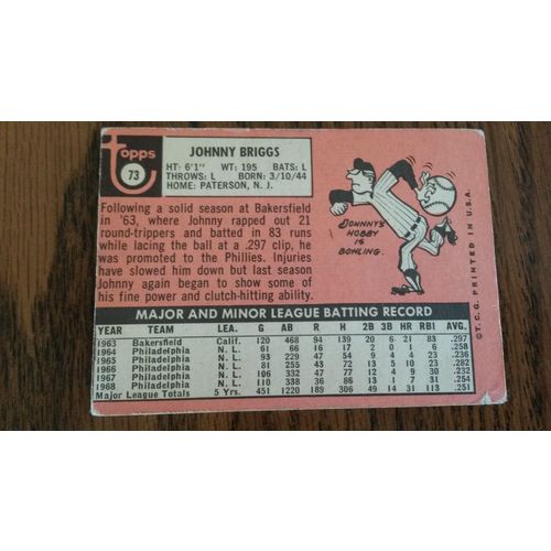 1969 Topps Card # 073 Johnny Briggs Poor (1) Philadelphia Phillies