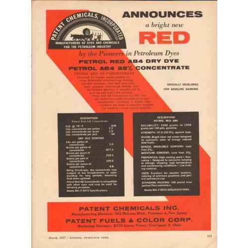 PATENT CHEMICALS INC 1957 announces red petroleum dyes vintage ad