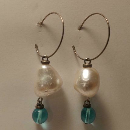 Aquamarine Pearl Beaded Pierced Earrings Silver Hoop Beaded Earrings 2"