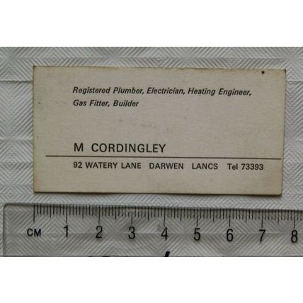 Vintage visiting card - M. Cordingley, Darwen - plumber electrician gas fitter