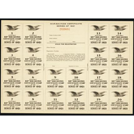 1921 Unused War Savings Certificate For WS6 Stamps * RARE! * Stuart Katz