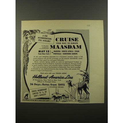 1954 Holland-America Line Cruise Ad - Cruise your way to Europe Maasdam