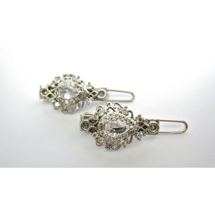 Two small tiny silver filigree crystal hair pin clip barrettes fine hair