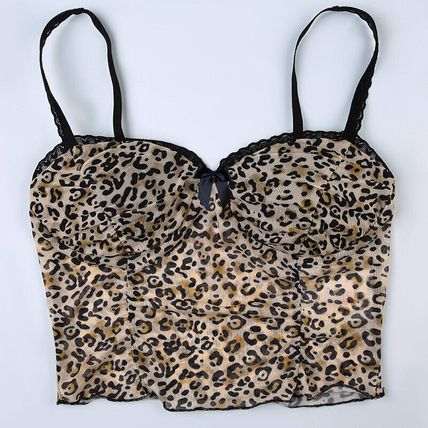 Vintage Leopard Crop Print Top Sexy Contrast Color Bow Lace Patchwork Camis Sexy