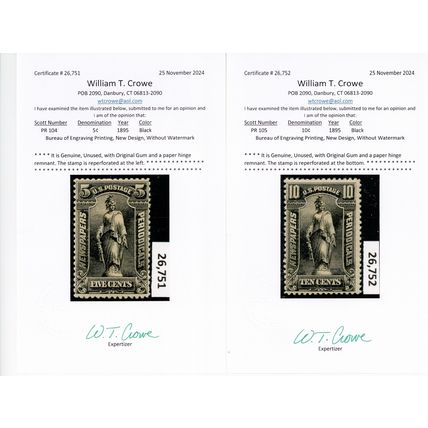PR102-5, Mint HR RARE Newspaper Stamps With Crowe Certs SCV $1360 - Stuart Katz