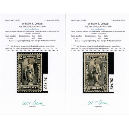 PR102-5, Mint HR RARE Newspaper Stamps With Crowe Certs SCV $1360 - Stuart Katz