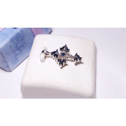 Estate .31ctw Natural Rd Diamond and Blue Sapphire 10Kt WG Cross Pendant #22466