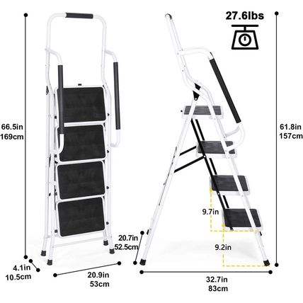 Wiberwi 4 Step Ladder with Handrails 500 Lb Capacity Step Stool Folding Portable