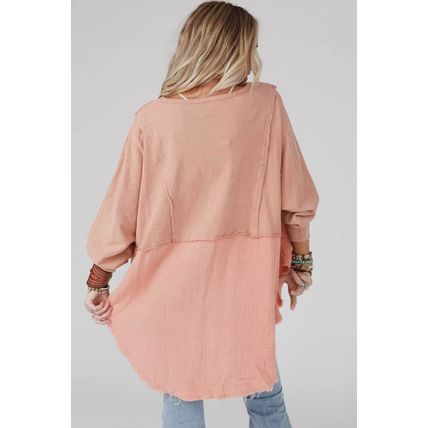 Crinkle Splicing Raw Hem High Low Oversized Blouse