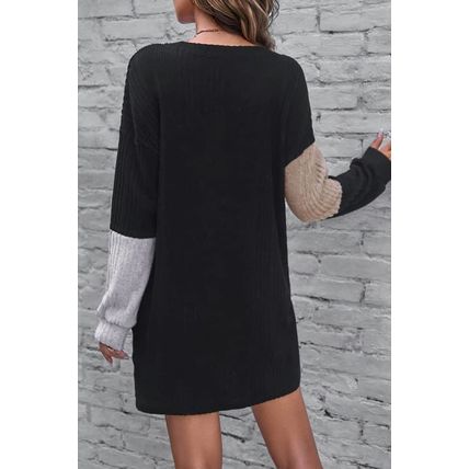 Black Ribbed Color Block Drop Shoulder Long Sleeve Mini Dress
