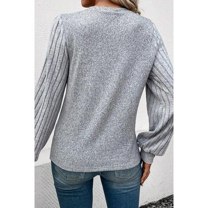 Gray Contrast Ribbed Bishop Sleeve Top