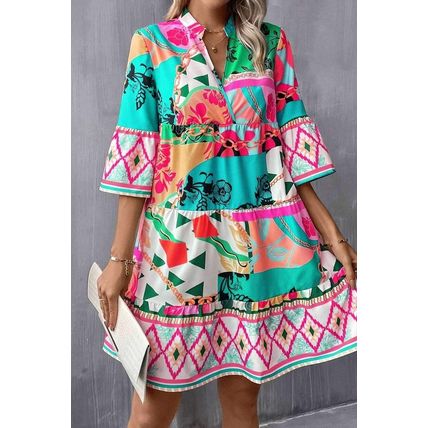 Multicolour Abstract Printed Half Sleeve Notched Neck Mini Dress