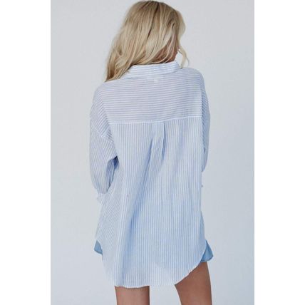 Sky Blue Stripe Ruffled Button up Long Sleeve Shirt
