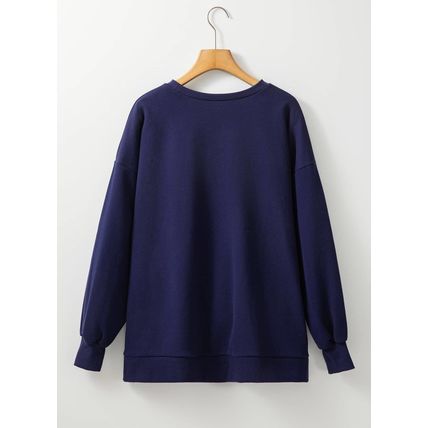 Navy Blue Solid Fleece Lined Drop Shoulder High Low Sweatshirt