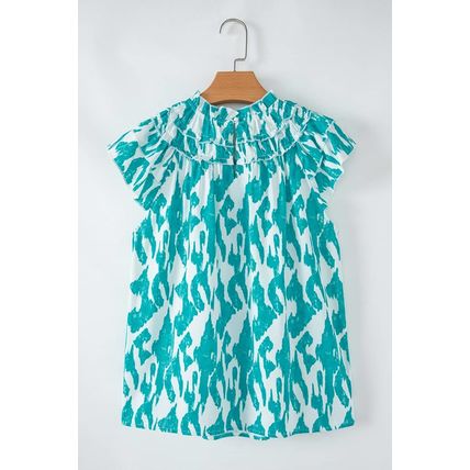 Sky Blue Abstract Print Frilled Crewneck Loose Fit Blouse