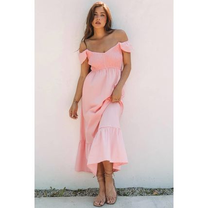 Pink V Neck Flutter Sleeve Smocked Bodice High Waist Ruffle Maxi Dress