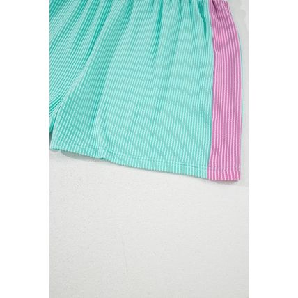 Light Blue Plus Size Color Block Corded Knit Tee and Shorts Set