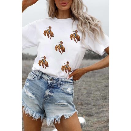 White Rodeo Patched Graphic Casual Round Neck Tee