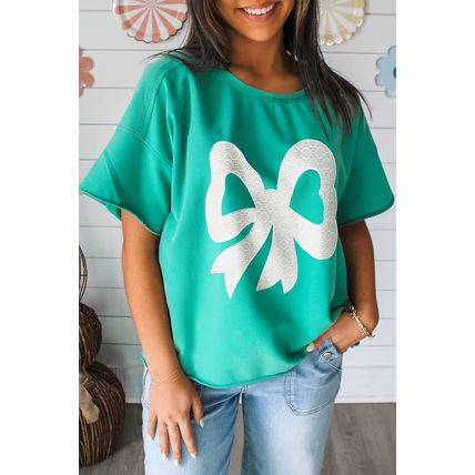 Sea Green Lace Bow Raw Edge Drop Shoulder Casual T Shirt
