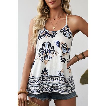 Blue Bohemian Fashion Print Spaghetti Straps Loose Tank