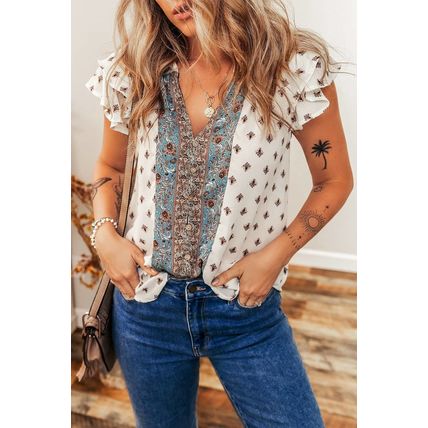 White Boho Pattern Tiered Ruffled Sleeve V Neck Buttoned Blouse