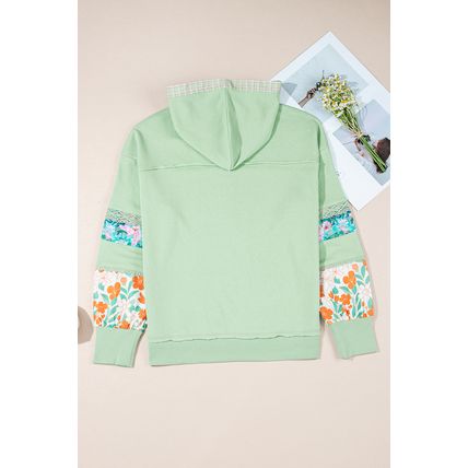 Clearly Aqua Lace Floral Patchwork Half Button Hooded Pullover